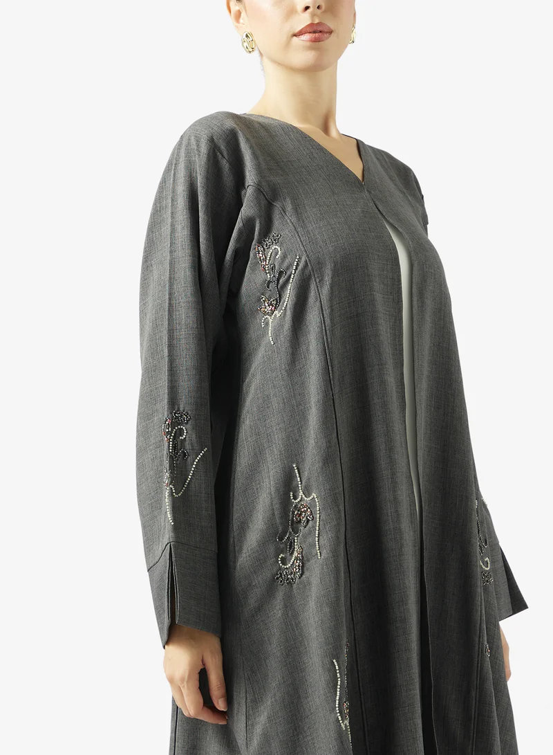 hayas closet  Floral Embellished Open Front V Neck Abaya for Women | Best Price UAE